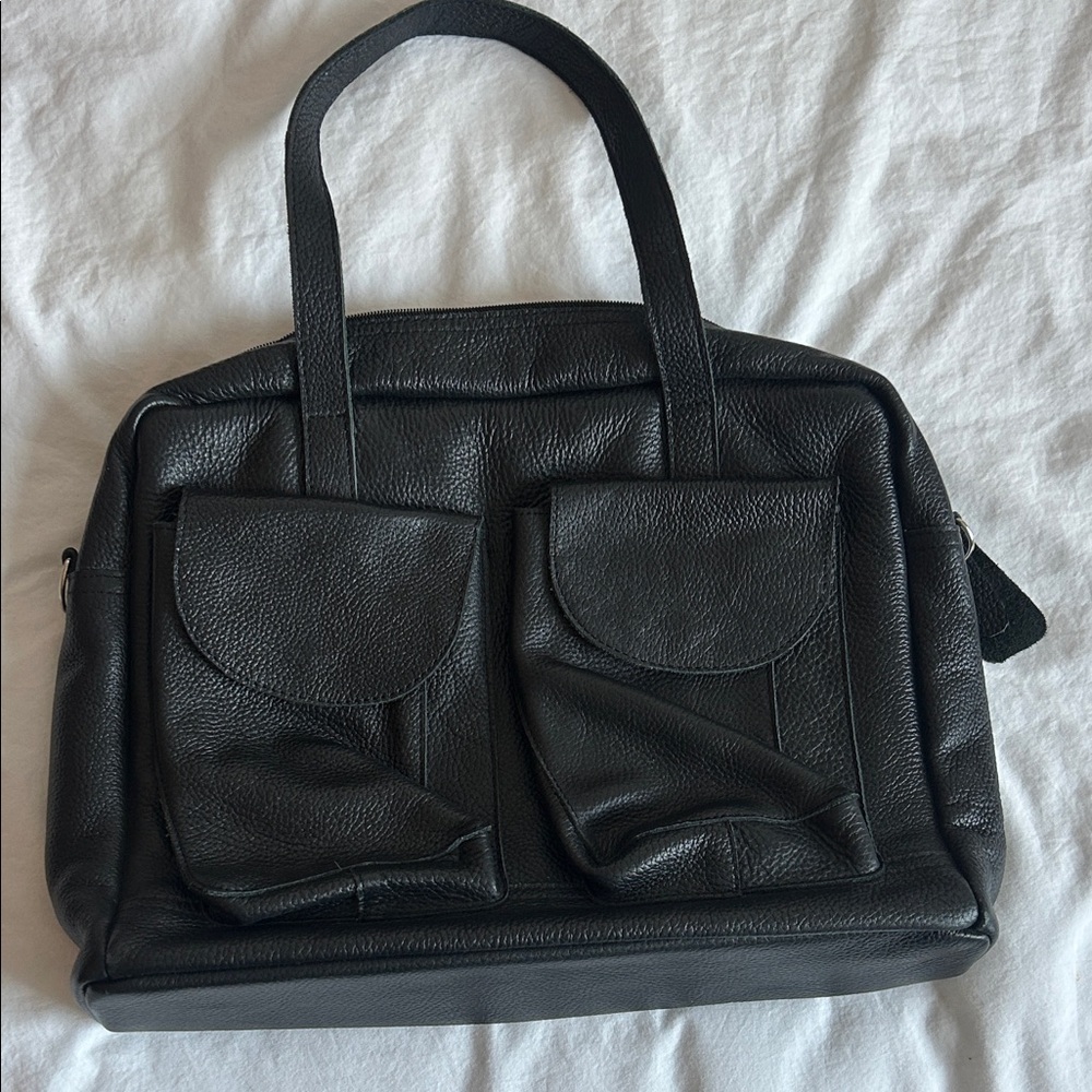 Black Leather Tote Bag with Front Pockets